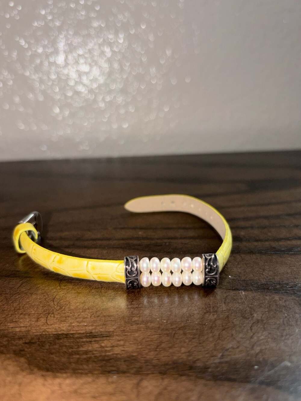 Leather Strap Bracelet with Pearl & Silver Tone Accents....